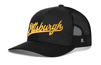 Pittsburgh Gold Script Trucker Hat  |  Pennsylvania Snapback