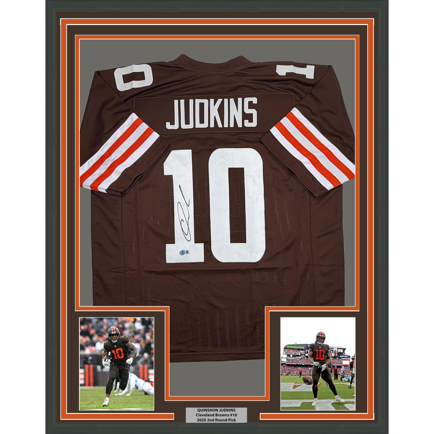 Framed Autographed/Signed Quinshon Judkins 35x39 Cleveland Football Brown Jersey Beckett BAS COA