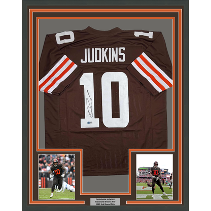 Framed Autographed/Signed Quinshon Judkins 35x39 Cleveland Football Brown Jersey Beckett BAS COA
