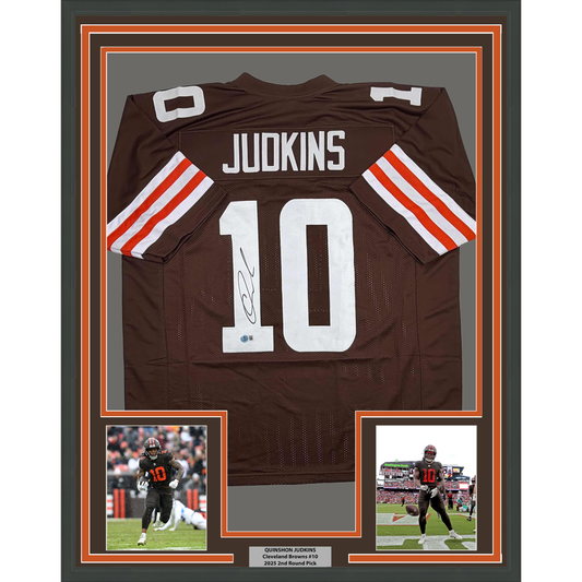 Framed Autographed/Signed Quinshon Judkins 35x39 Cleveland Football Brown Jersey Beckett BAS COA