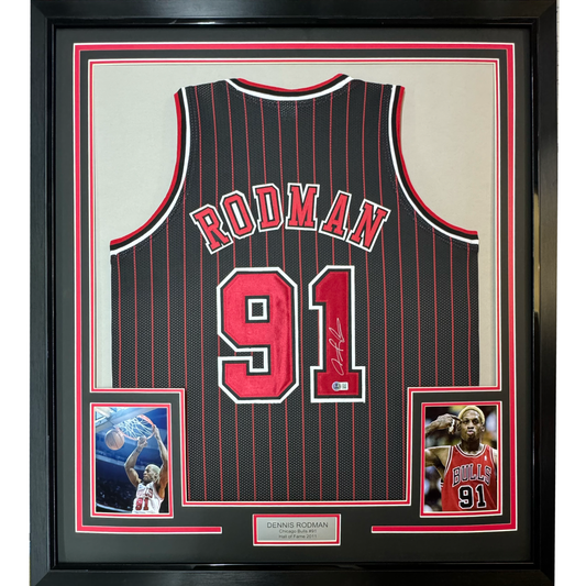 Framed Autographed/Signed Dennis Rodman 35x39 Chicago Pinstripe Basketball Jersey PSA/DNA COA