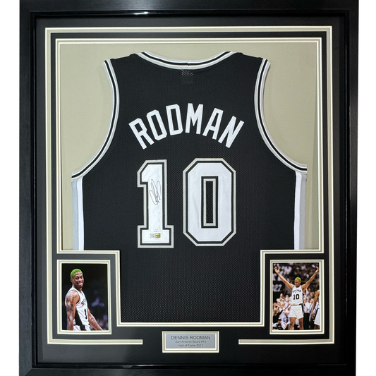 Framed Autographed/Signed Dennis Rodman 35x39 San Antonio Black Basketball Jersey PSA/DNA COA