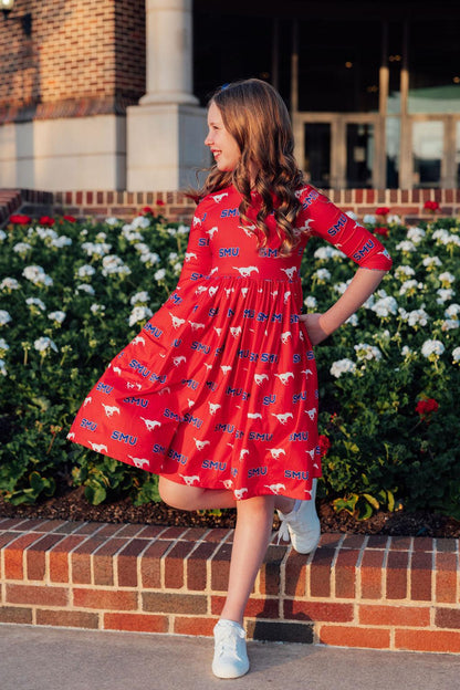 SMU Red Mustang 3/4 Sleeve Pocket Twirl Dress
