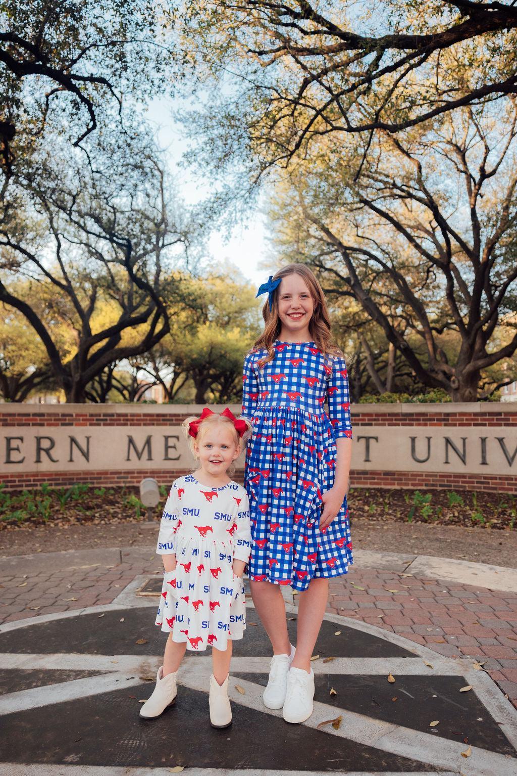 SMU White Mustang 3/4 Sleeve Pocket Twirl Dress