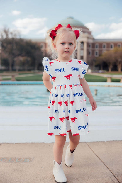 SMU White Mustang Flutter Twirl Dress