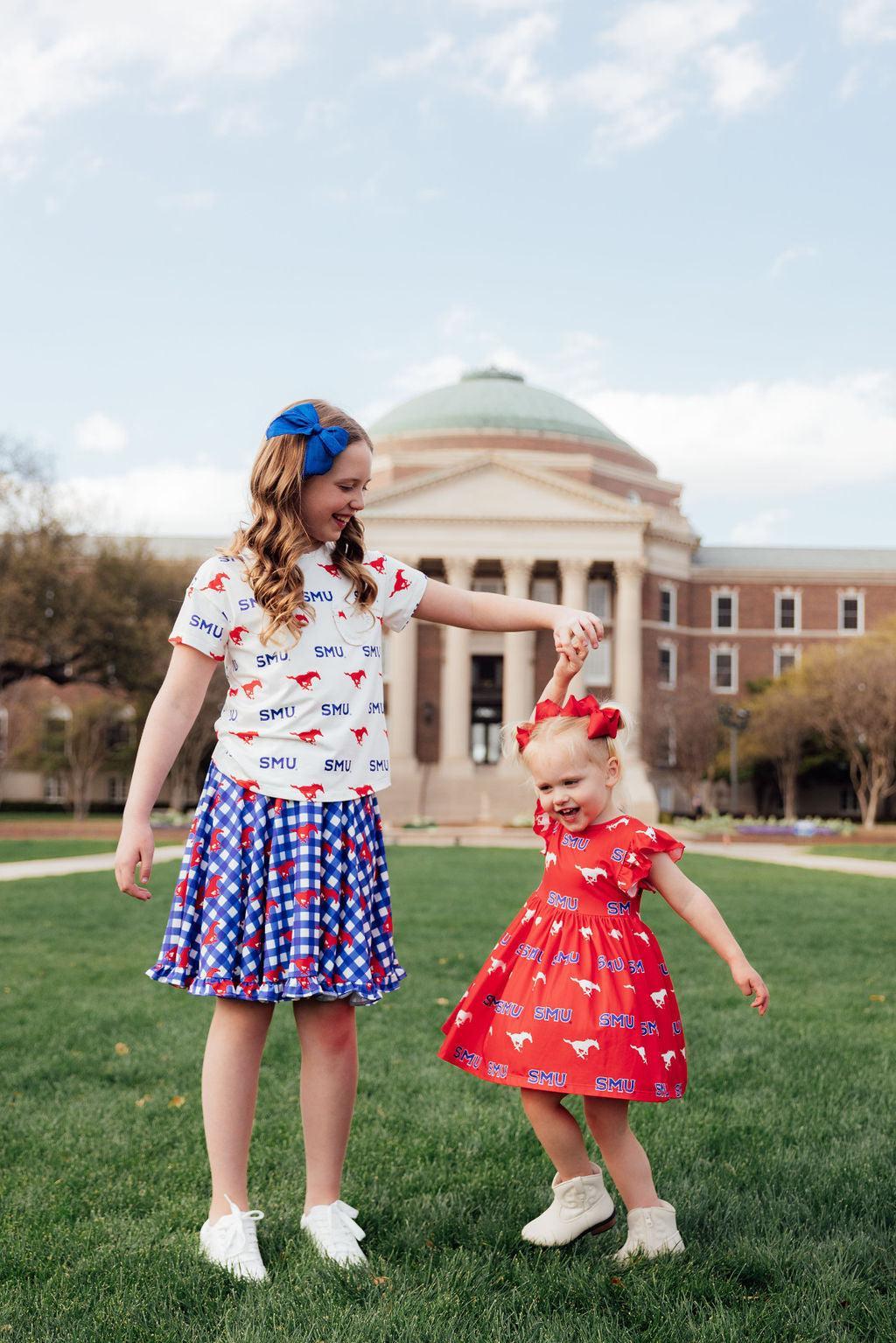 SMU White Mustang Ruffle Pocket Tee