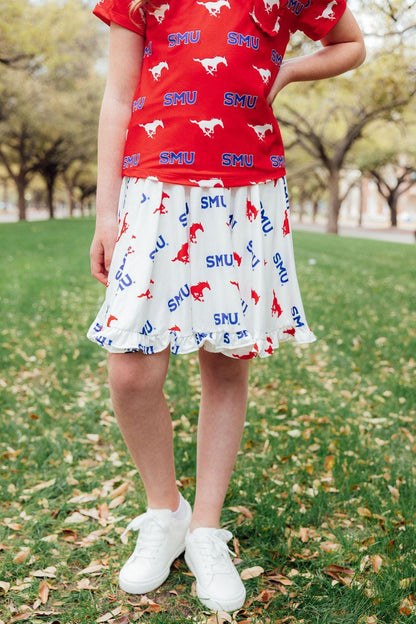 SMU White Mustang Ruffle Twirl Skort