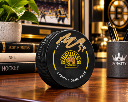 Matthew Poitras Boston Bruins Autographed 100th Anniversary Hockey Game Puck