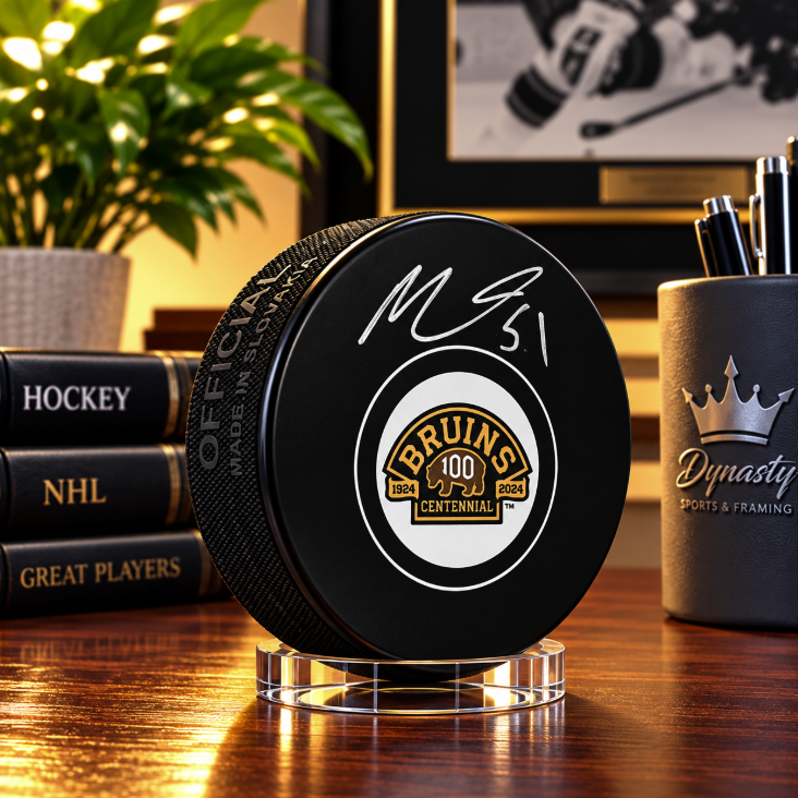 Matthew Poitras Autographed Boston Bruins 100th Anniversary Hockey Logo Puck