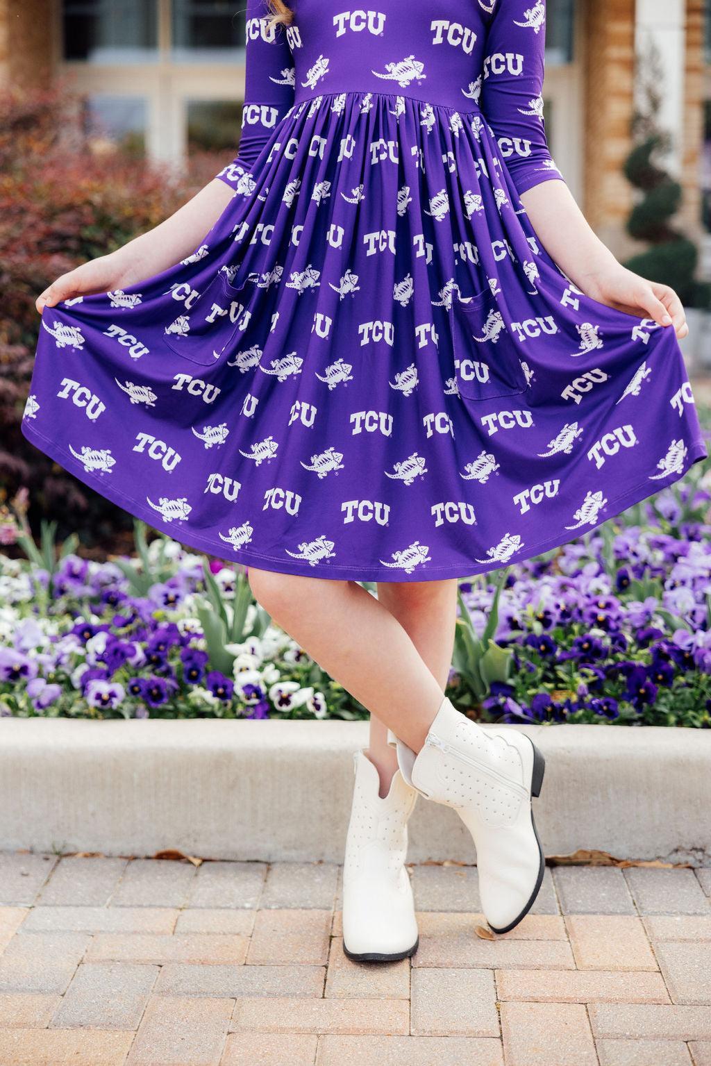 TCU Purple Frog 3/4 Sleeve Pocket Twirl Dress