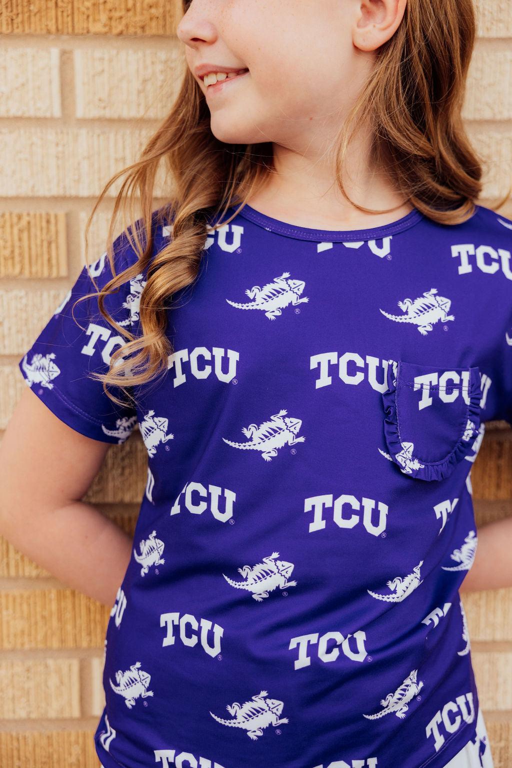 TCU Purple Frog Ruffle Pocket Tee