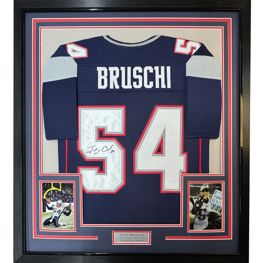 Framed Autographed/Signed Tedy Bruschi 35x39 New England Blue Football Jersey JSA COA