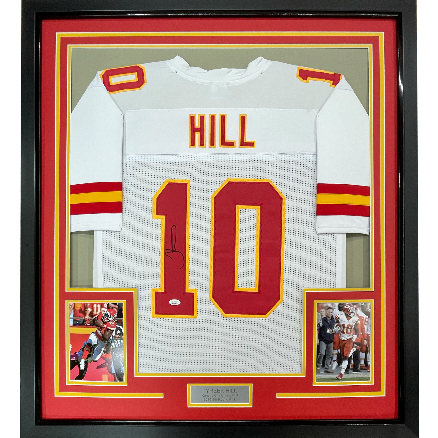 Framed Autographed/Signed Tyreek Hill 35x39 Kansas City White Football Jersey JSA COA
