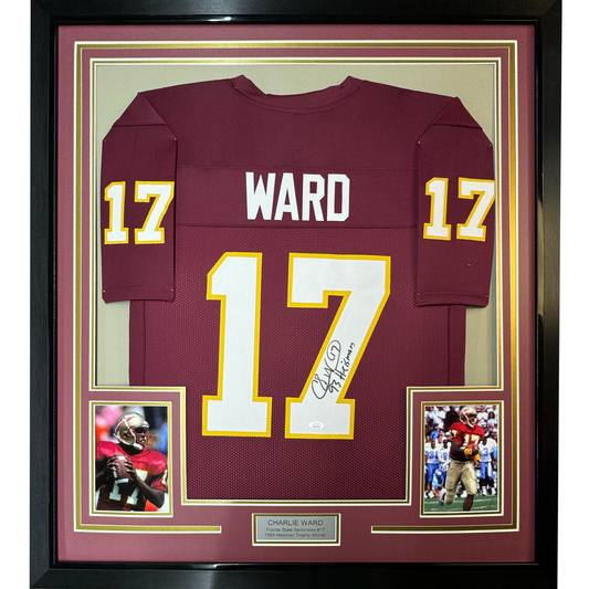 Framed Autographed/Signed Charlie Ward 35x39 93 Heisman Florida State FSU Maroon College Football Jersey JSA COA