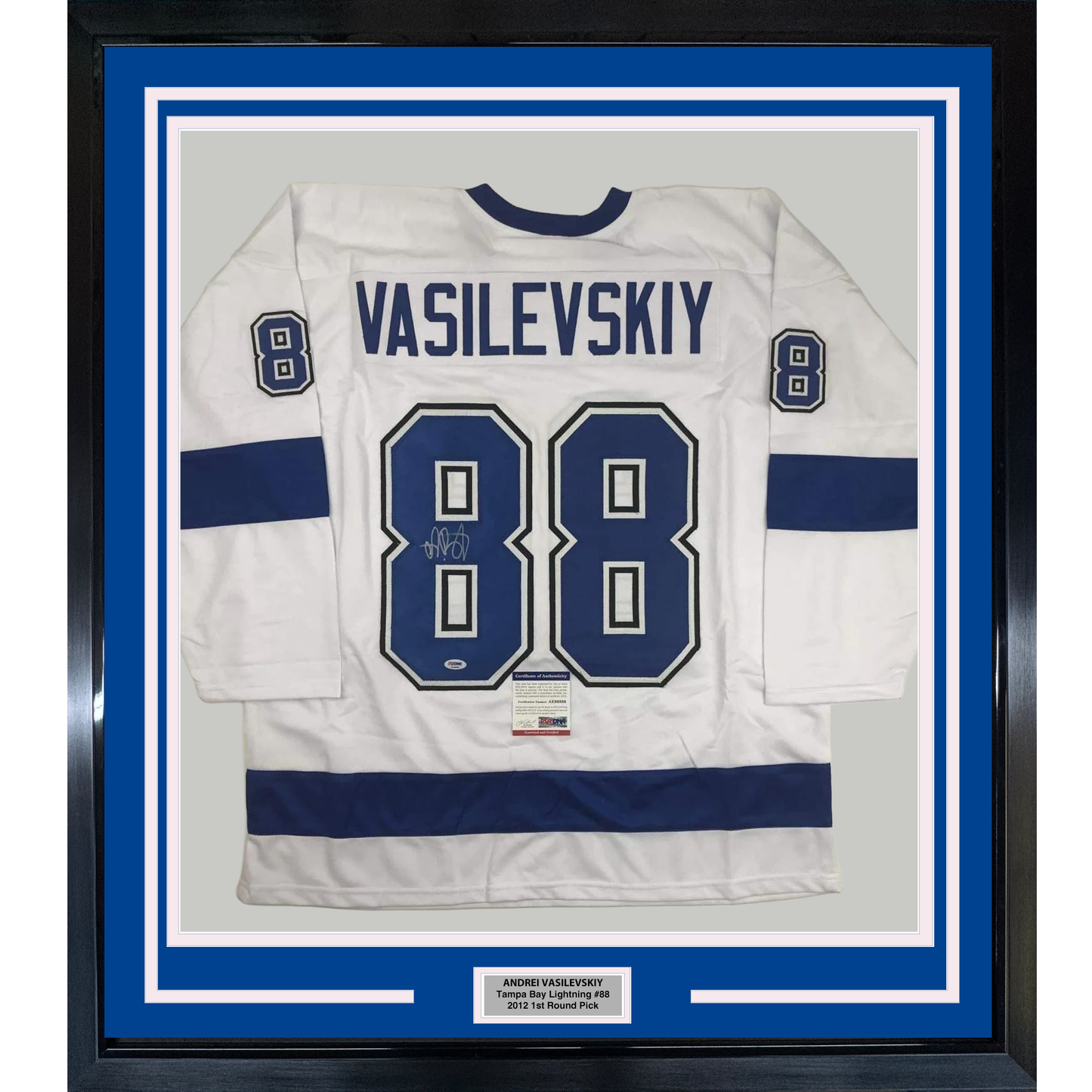 Framed Autographed/Signed Andrei Vasilevskiy 35x39 Tampa Bay White Hockey Jersey PSA/DNA COA