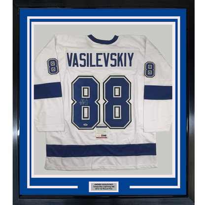 Framed Autographed/Signed Andrei Vasilevskiy 35x39 Tampa Bay White Hockey Jersey PSA/DNA COA