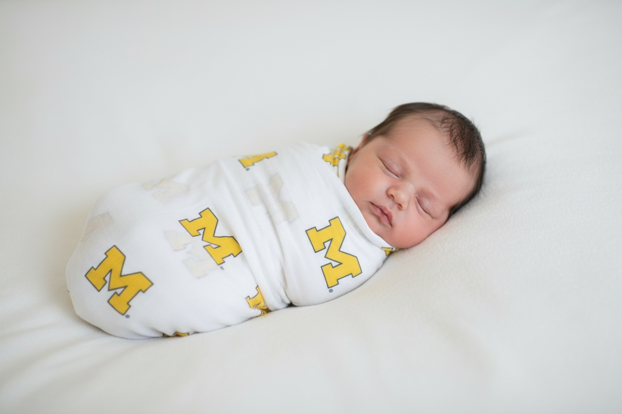 University of Michigan Wolverines Muslin Swaddle Blanket – Premium 100% Cotton 47x47 – Officially Licensed U of M Baby Gift
