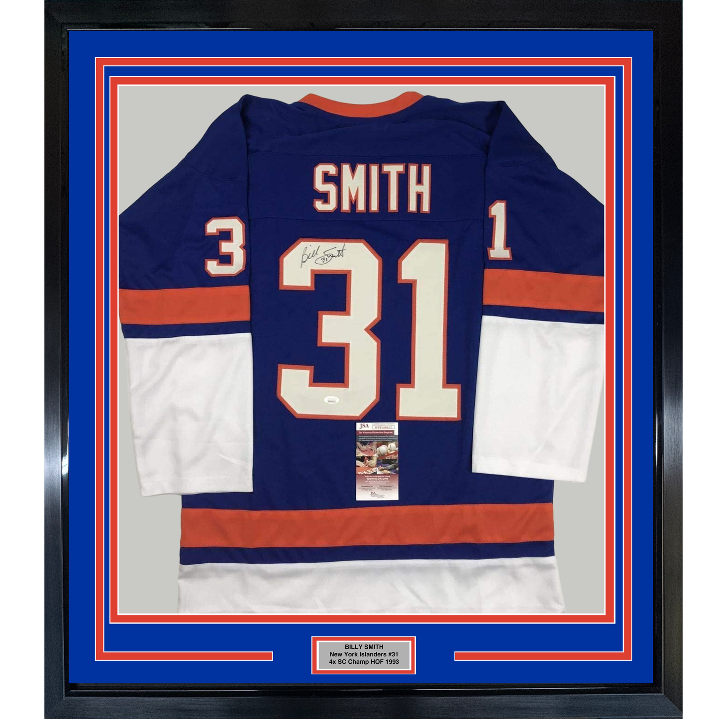 Framed Autographed/Signed Billy Smith 35x39 New York Blue Hockey Jersey JSA COA