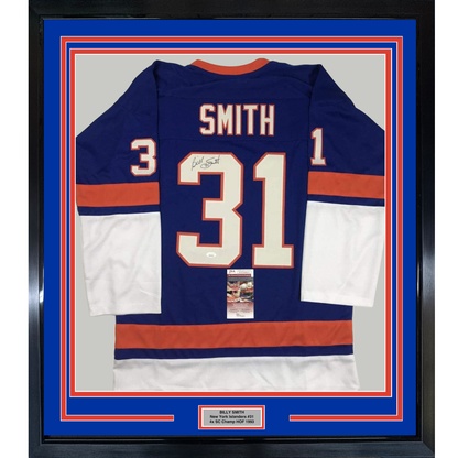 Framed Autographed/Signed Billy Smith 35x39 New York Blue Hockey Jersey JSA COA