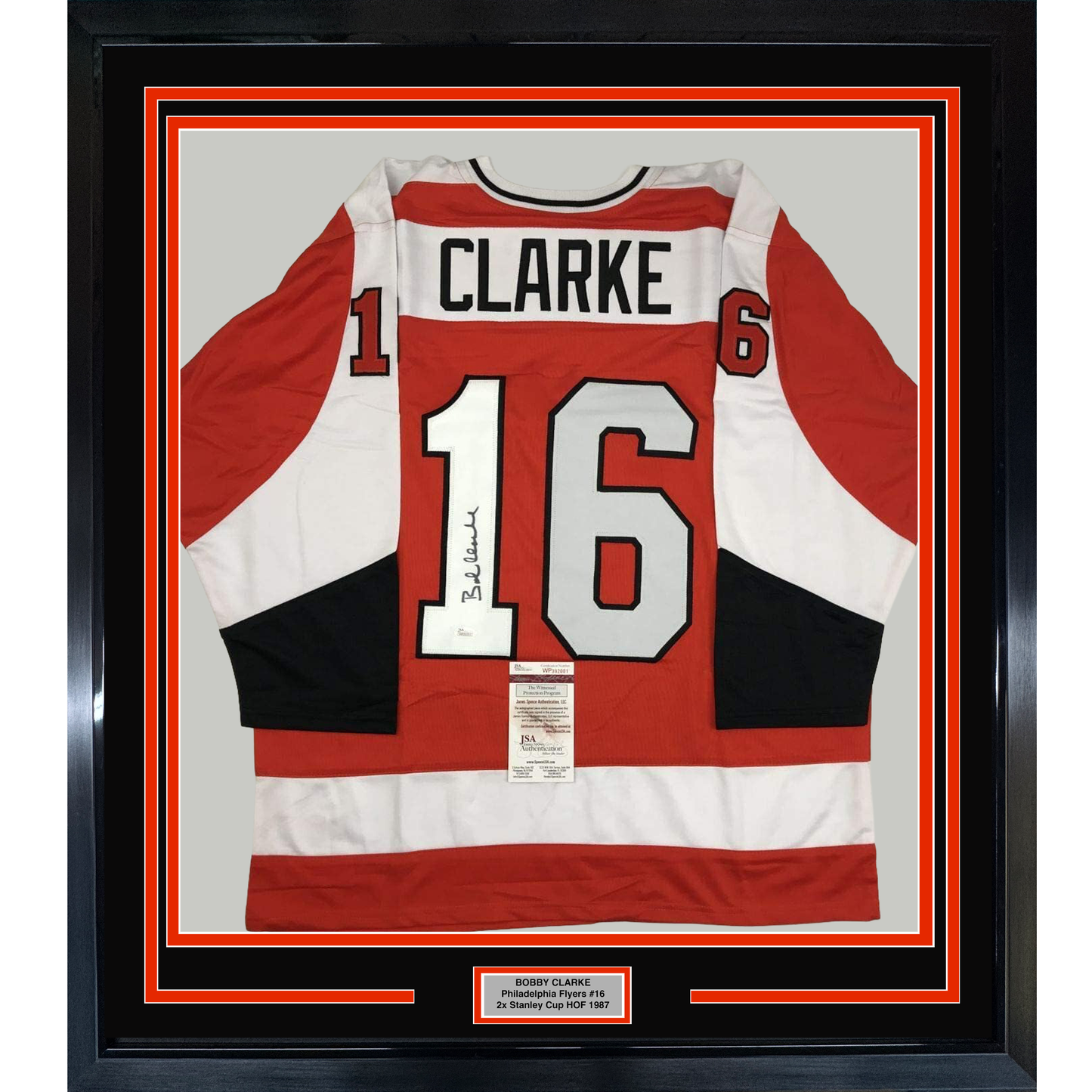 Framed Autographed/Signed Bob Bobby Clarke 35x39 Philadelphia Orange Hockey Jersey JSA COA
