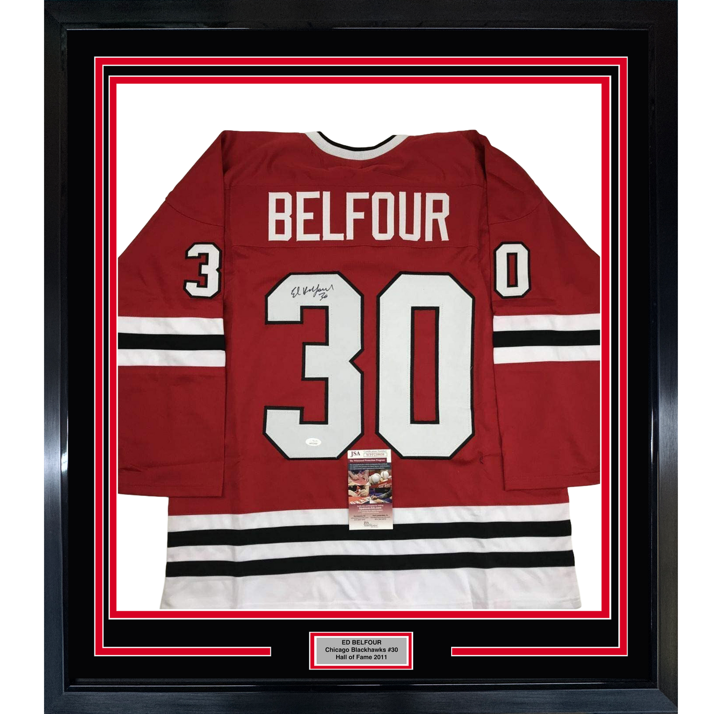 Framed Autographed/Signed Ed Belfour 35x39 Chicago Red Hockey Jersey JSA COA