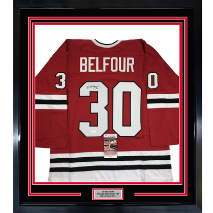 Framed Autographed/Signed Ed Belfour 35x39 Chicago Red Hockey Jersey JSA COA