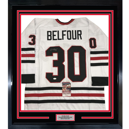 Framed Autographed/Signed Ed Belfour 35x39 Chicago White Hockey Jersey JSA COA