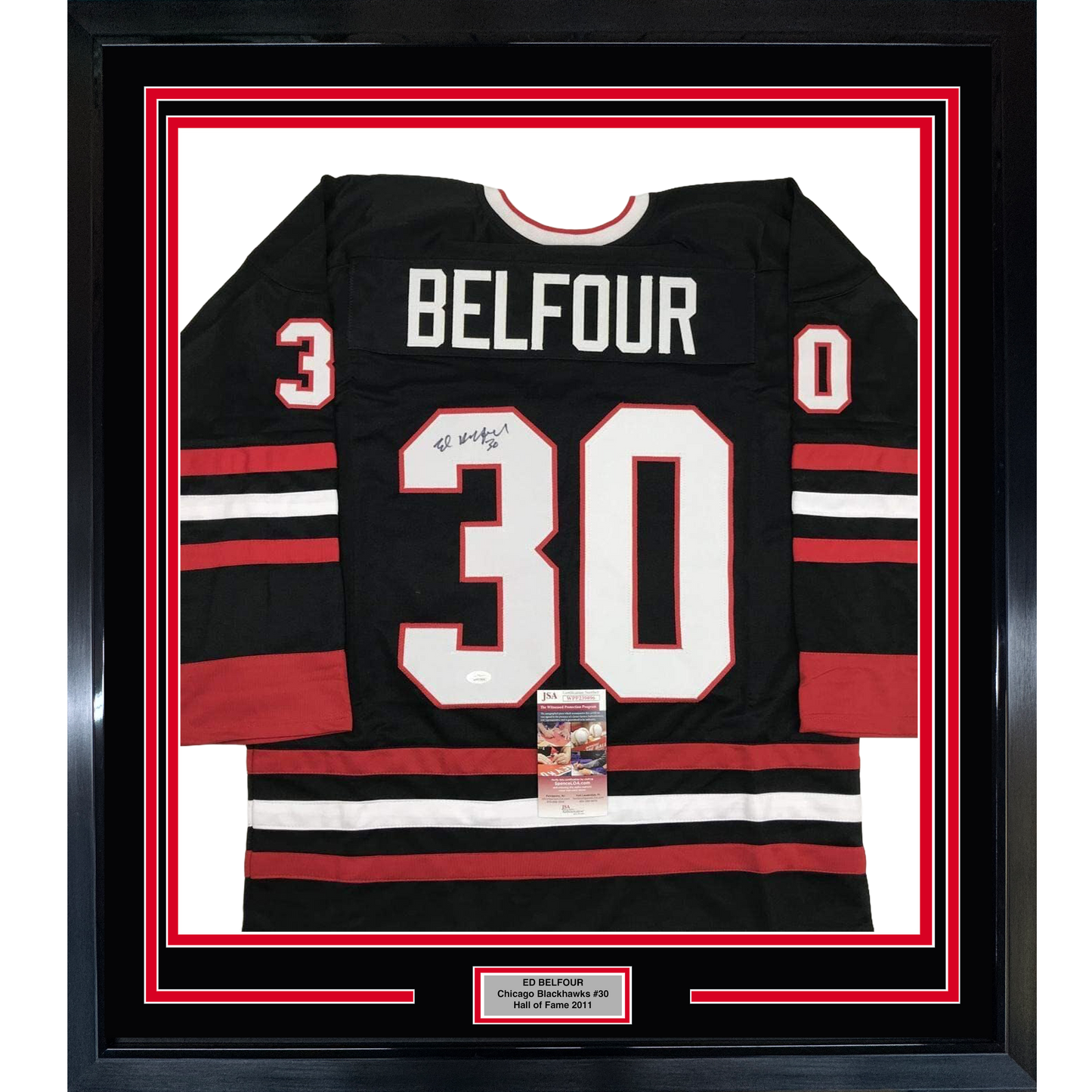 Framed Autographed/Signed Ed Belfour 35x39 Chicago Black Hockey Jersey JSA COA