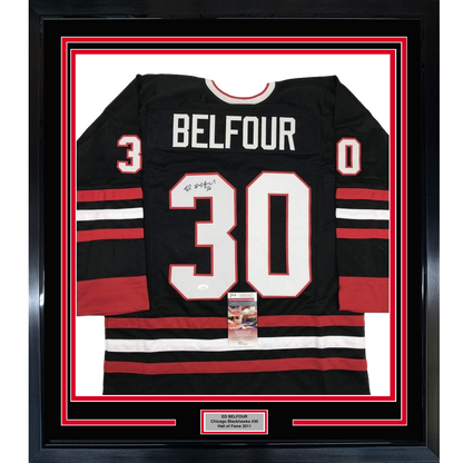 Framed Autographed/Signed Ed Belfour 35x39 Chicago Black Hockey Jersey JSA COA