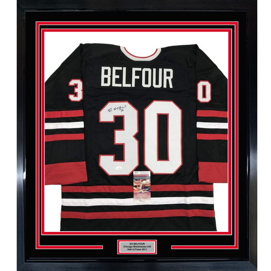 Framed Autographed/Signed Ed Belfour 35x39 Chicago Black Hockey Jersey JSA COA