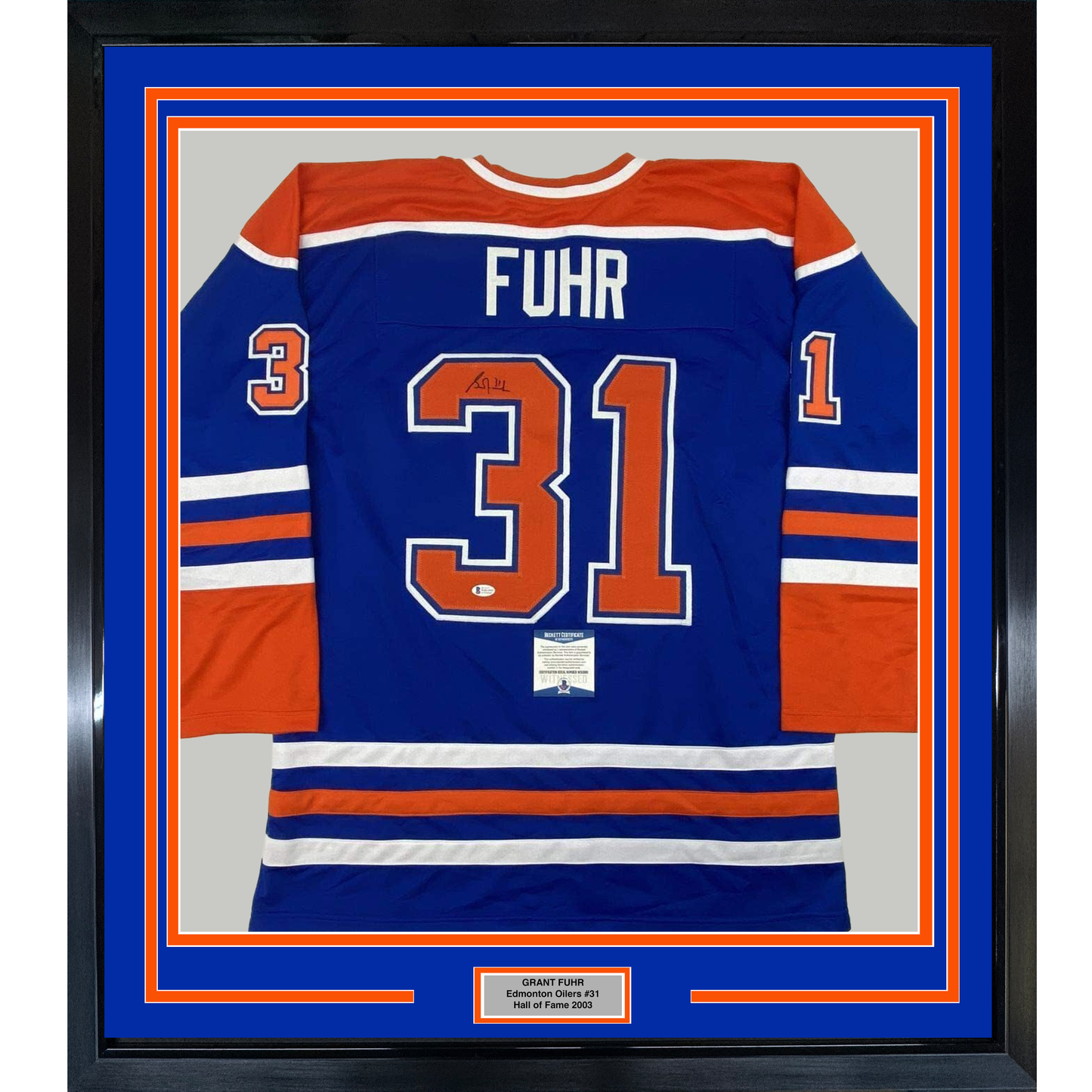 Framed Autographed/Signed Grant Fuhr 35x39 Edmonton Blue Hockey Jersey Beckett BAS COA