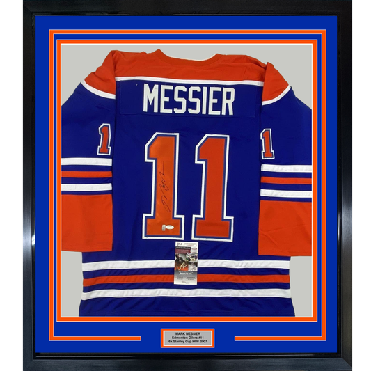 Framed Autographed/Signed Mark Messier 35x39 Edmonton Blue Hockey Jersey JSA COA