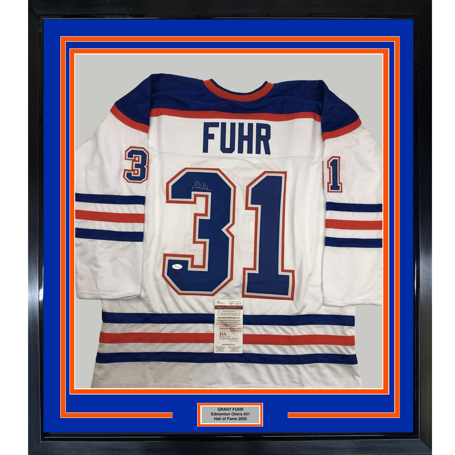Framed Autographed/Signed Grant Fuhr 35x39 Edmonton White Hockey Jersey JSA COA