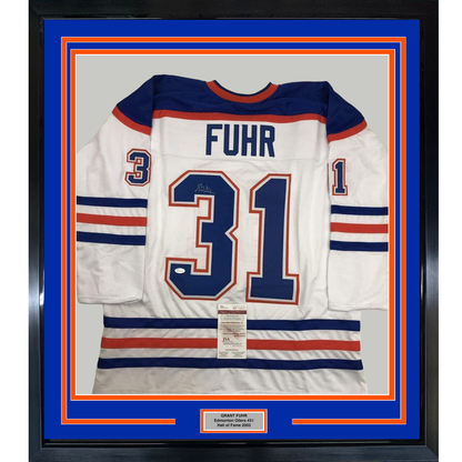 Framed Autographed/Signed Grant Fuhr 35x39 Edmonton White Hockey Jersey JSA COA