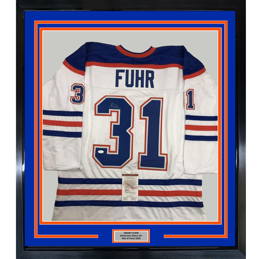 Framed Autographed/Signed Grant Fuhr 35x39 Edmonton White Hockey Jersey JSA COA