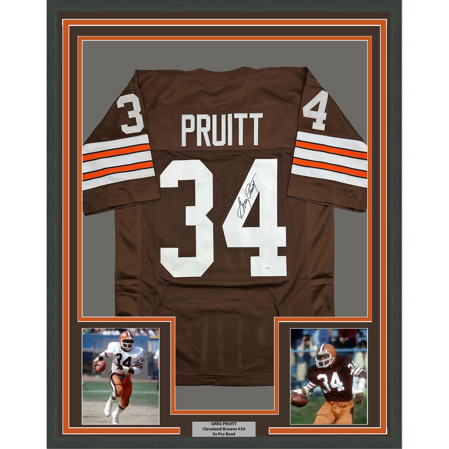 Framed Autographed/Signed Greg Pruitt 35x39 Cleveland Brown Football Jersey JSA COA
