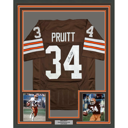 Framed Autographed/Signed Greg Pruitt 35x39 Cleveland Brown Football Jersey JSA COA