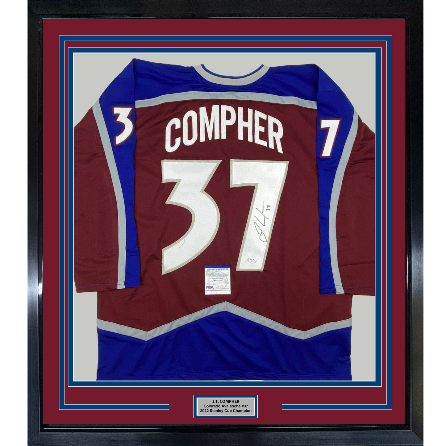 Framed Autographed/Signed JT J.T. Compher 35x39 Colorado Maroon Hockey Jersey PSA/DNA COA