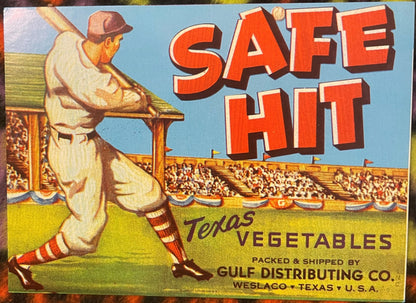 Vintage 1950s Safe Hit Baseball Crate Label Texas Vegetables Gulf Distributing Co Weslaco Lithograph Advertising Art 🍎