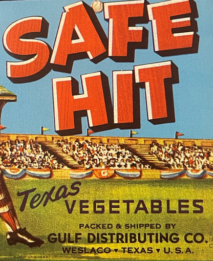 Vintage 1950s Safe Hit Baseball Crate Label Texas Vegetables Gulf Distributing Co Weslaco Lithograph Advertising Art 🍎