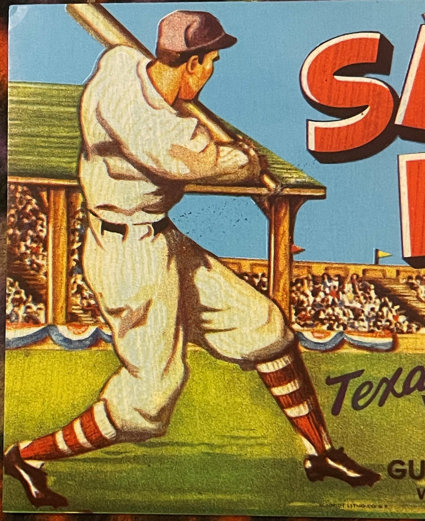 Vintage 1950s Safe Hit Baseball Crate Label Texas Vegetables Gulf Distributing Co Weslaco Lithograph Advertising Art 🍎
