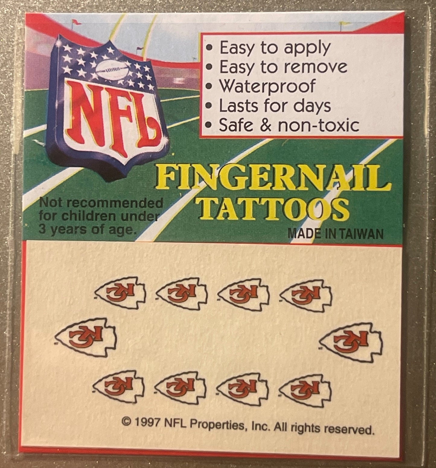 Vintage 1997 NFL Kansas City Chiefs Fingernail Tattoos - Play-By-Play San Antonio - Sealed Football Novelty Package Card 🍺