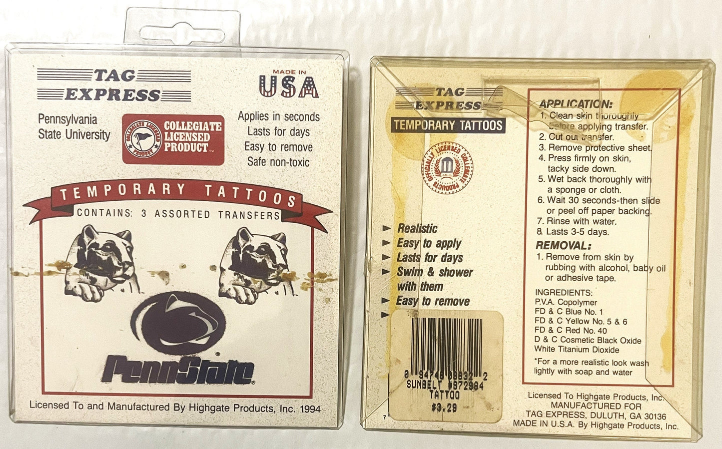 Vintage 1994 NCAA College Football Penn State Nittany Lions Temporary Tattoos ⚾