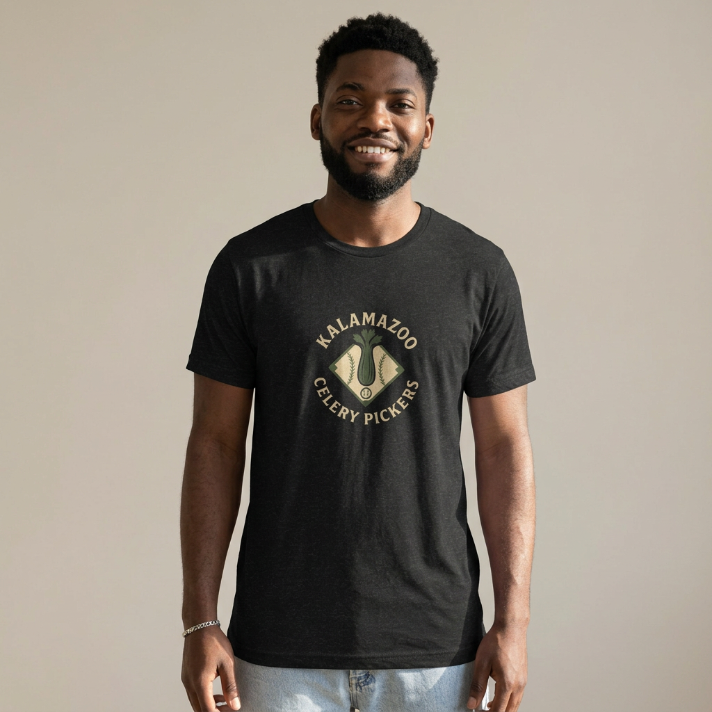 AI-generated mockup of a model wearing the black-heather Kalamazoo Celery Pickers tee, showing front graphic, sleeves and untucked hem.