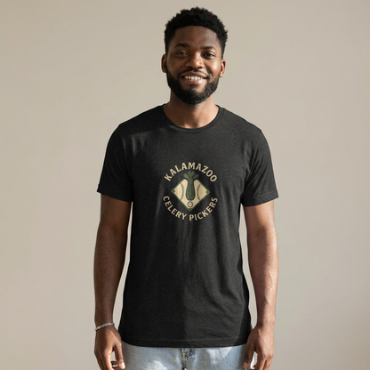 AI-generated mockup of a model wearing the black-heather Kalamazoo Celery Pickers tee, showing front graphic, sleeves and untucked hem.