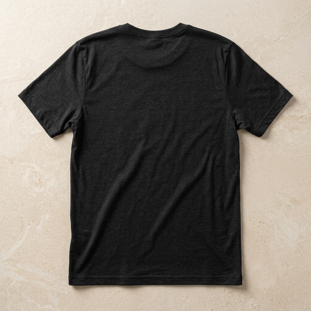 AI-generated mockup of the Kalamazoo Celery Pickers black-heather tee laid flat, showing its plain unprinted back, crewneck and sleeves.