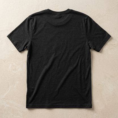AI-generated mockup of the Kalamazoo Celery Pickers black-heather tee laid flat, showing its plain unprinted back, crewneck and sleeves.
