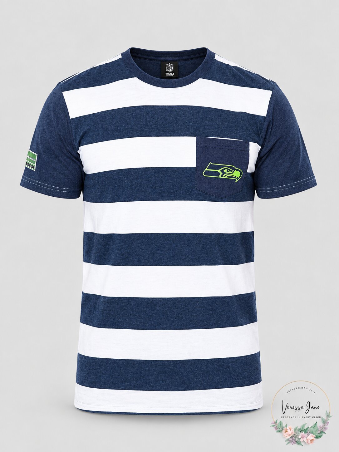 NFL Seattle Seahawks Mens Short Sleeve Stripe T-Shirt with Pocket, Medium
