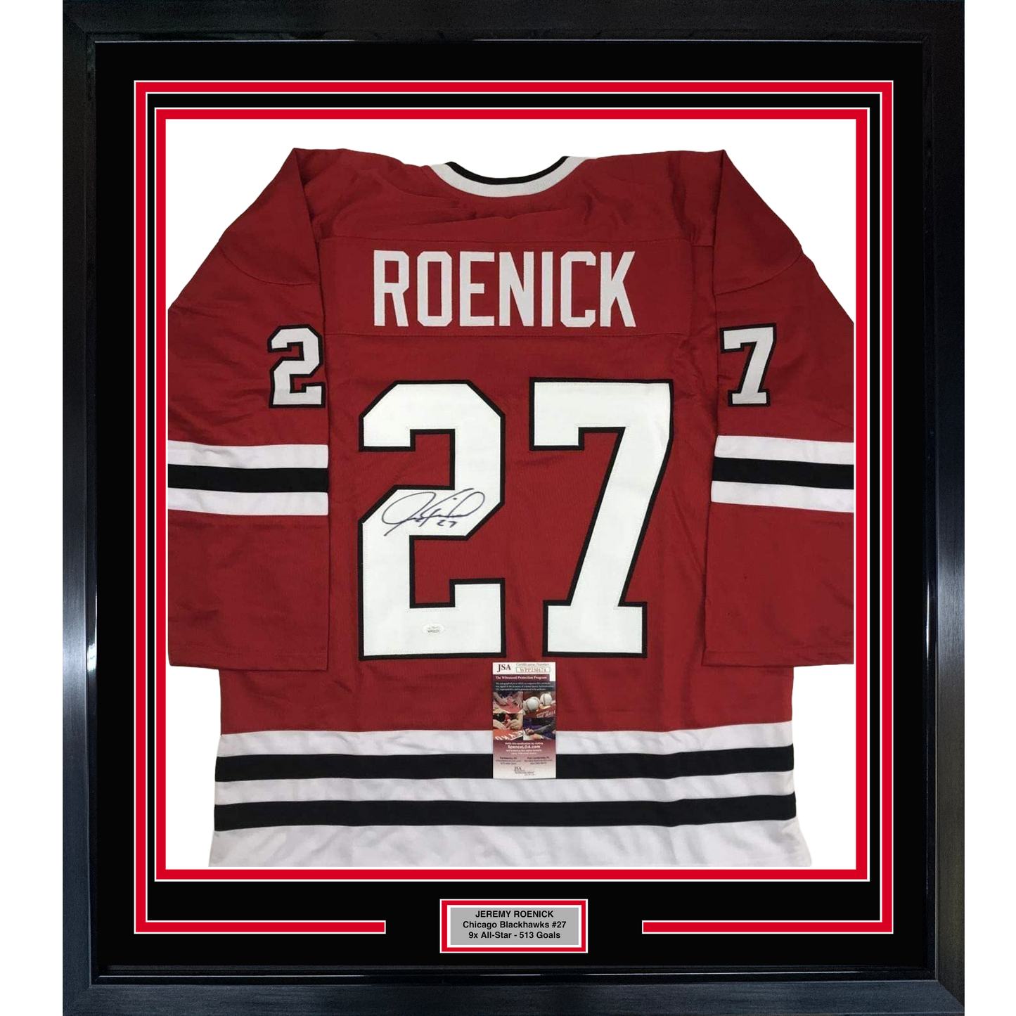 Framed Autographed/Signed Jeremy Roenick 35x39 Chicago Red Hockey Jersey JSA COA