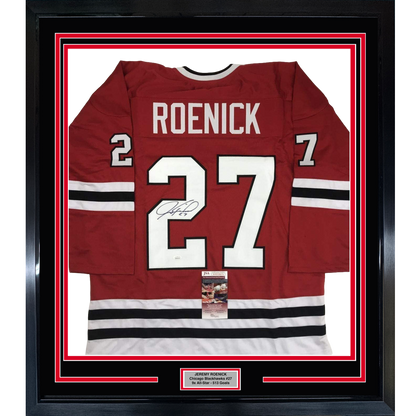 Framed Autographed/Signed Jeremy Roenick 35x39 Chicago Red Hockey Jersey JSA COA